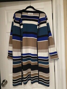 Calvin Klein Open-Front Striped Cardigan in Teal, Royal Blue, Tan, Black, White